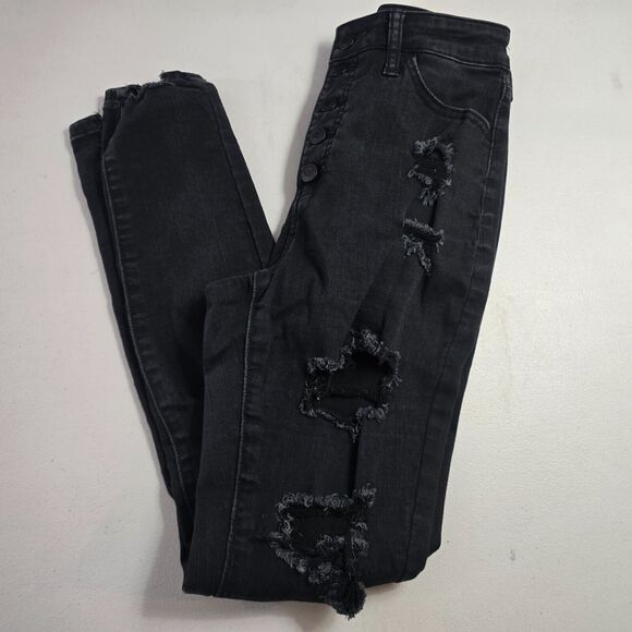 SO Jegging Juniors 7 / 28 Black Super High Rise Curvy Destroyed Button - Picture 9 of 16